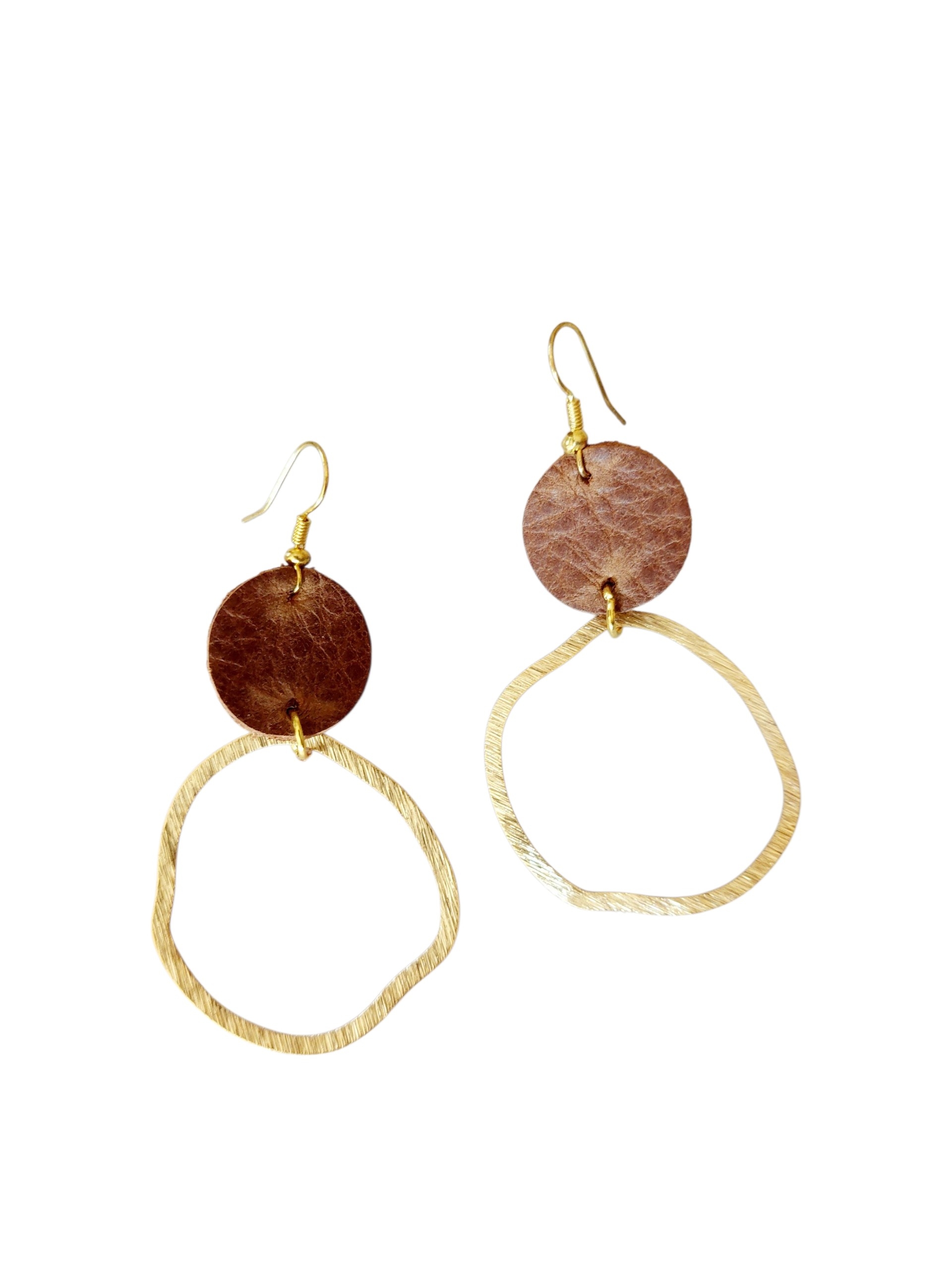 Round leather and circles gold stainless steel earring with earhook