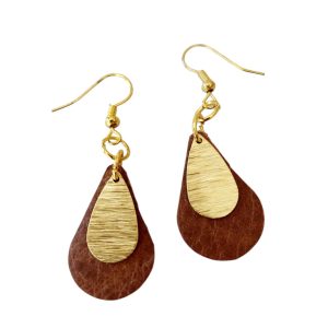 Leather teardrop and gold stainless steel stud earrings