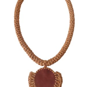 Raffia crochet rop and leather pendant necklace
