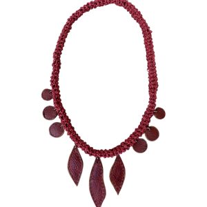 Dark red raffia crochet cord necklace with leahter leaf and circle pendants necklace