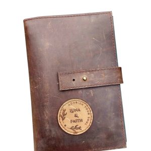 A5 Luna and Faith leather journal cover with notebook, motivational card, fun stickers, braindump sheets and a pen