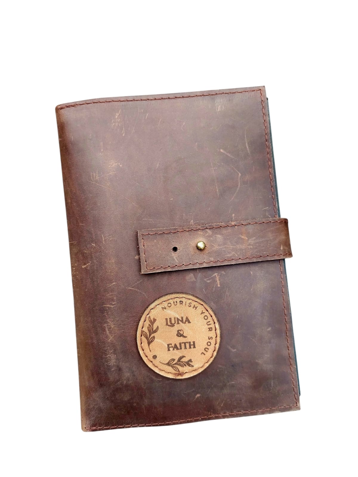 A5 Luna and Faith leather journal cover with notebook, motivational card, fun stickers, braindump sheets and a pen