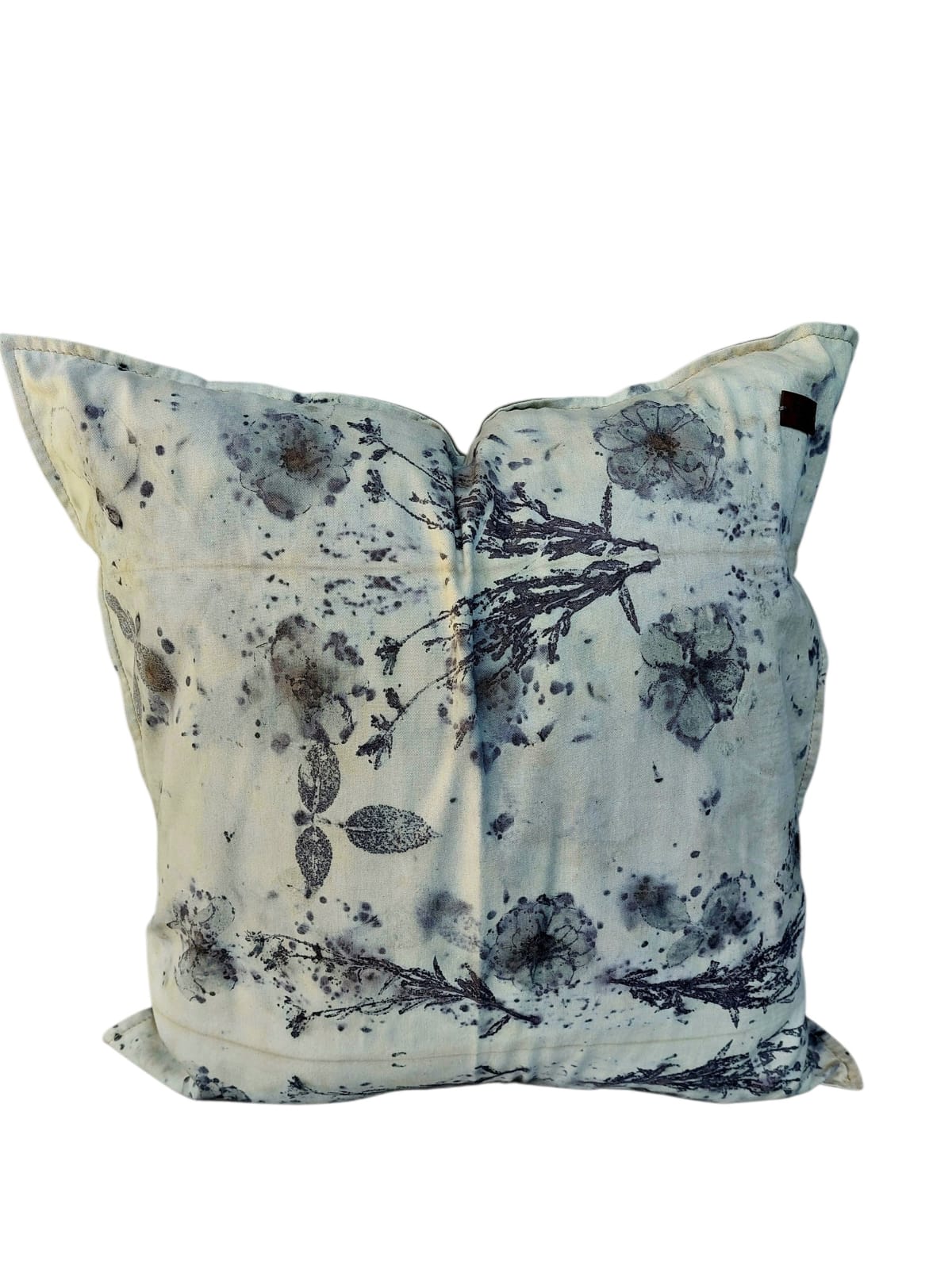 Eco print cushion 60cm x 60cm with olive green linen back and zip