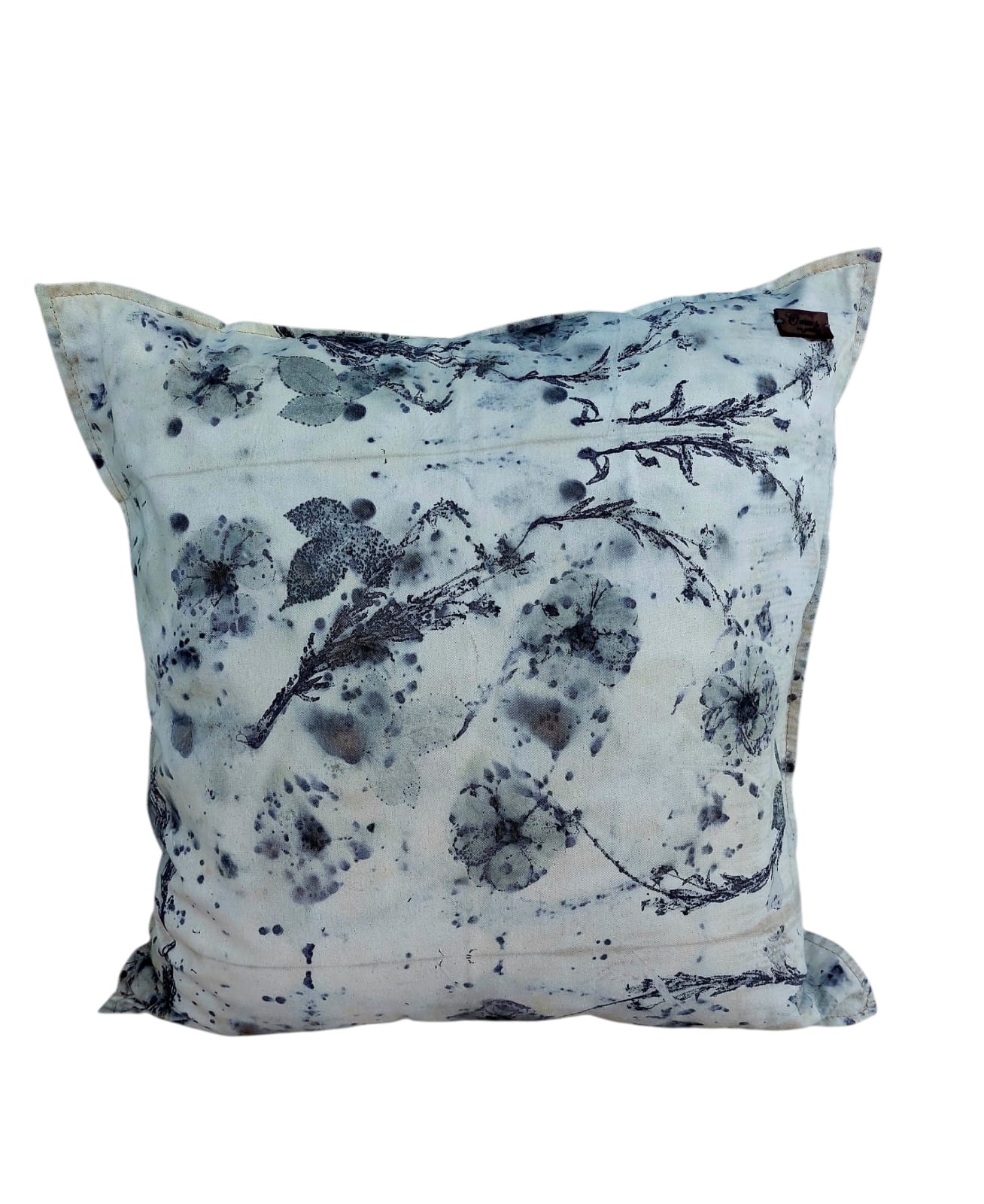 eco print scatter cushion 60cm x 60cm with olive green linen back