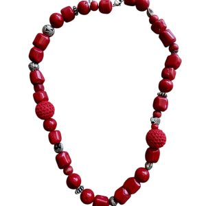 Vibrant red coral, wood, metal and clrochet 67cm long necklace