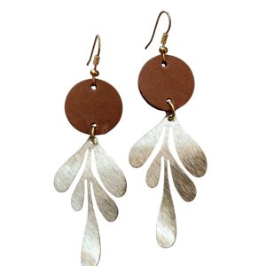 Leather brass asn stainless steel dangle earring with earhook