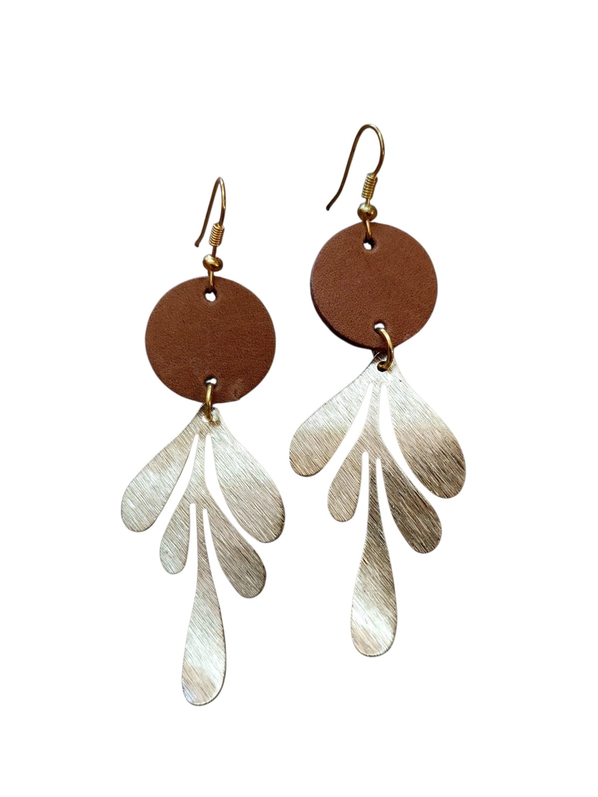 Leather brass asn stainless steel dangle earring with earhook