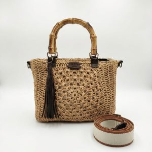 Small raffia crochet handbag with resin bamboo handles and one long djustable strap