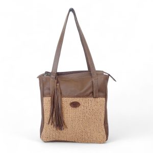 Crochet raffia and moch aleather tote bag