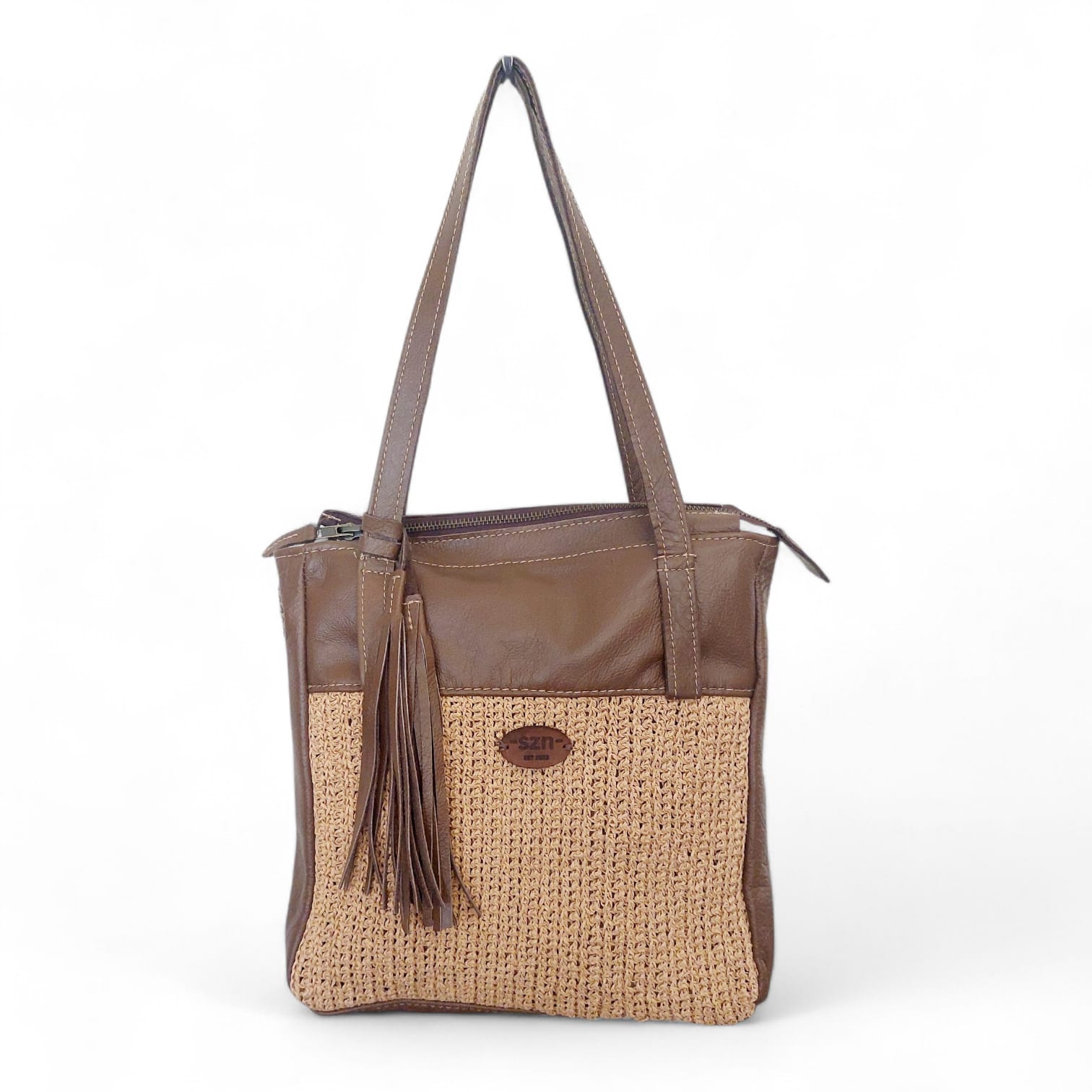 Crochet raffia and moch aleather tote bag