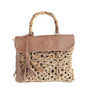 Crochet raffia and sand leather small heandbag