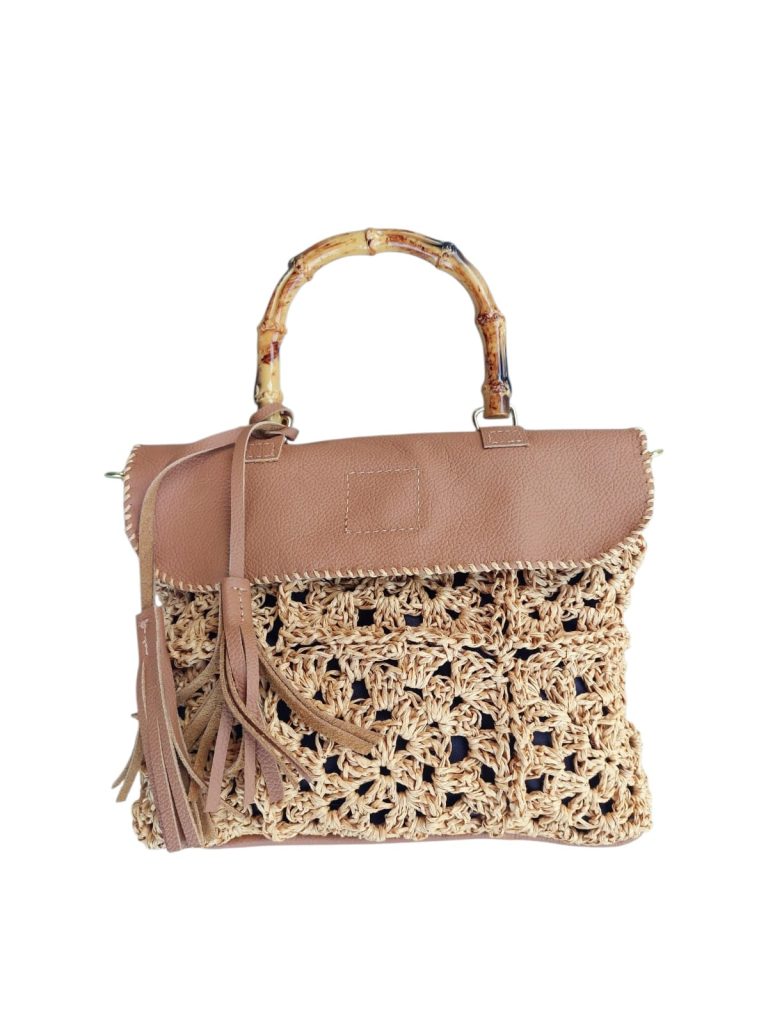 Crochet raffia and sand leather small heandbag